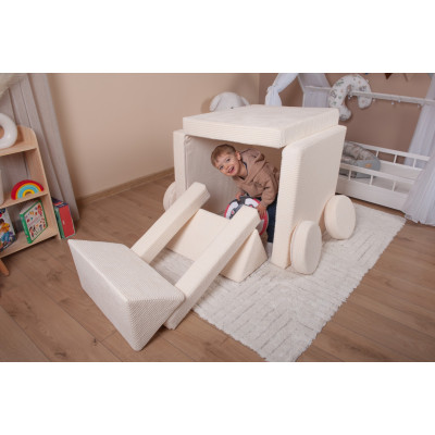 Modular sofa bed, multifunctional foam blocks, car with steering wheel